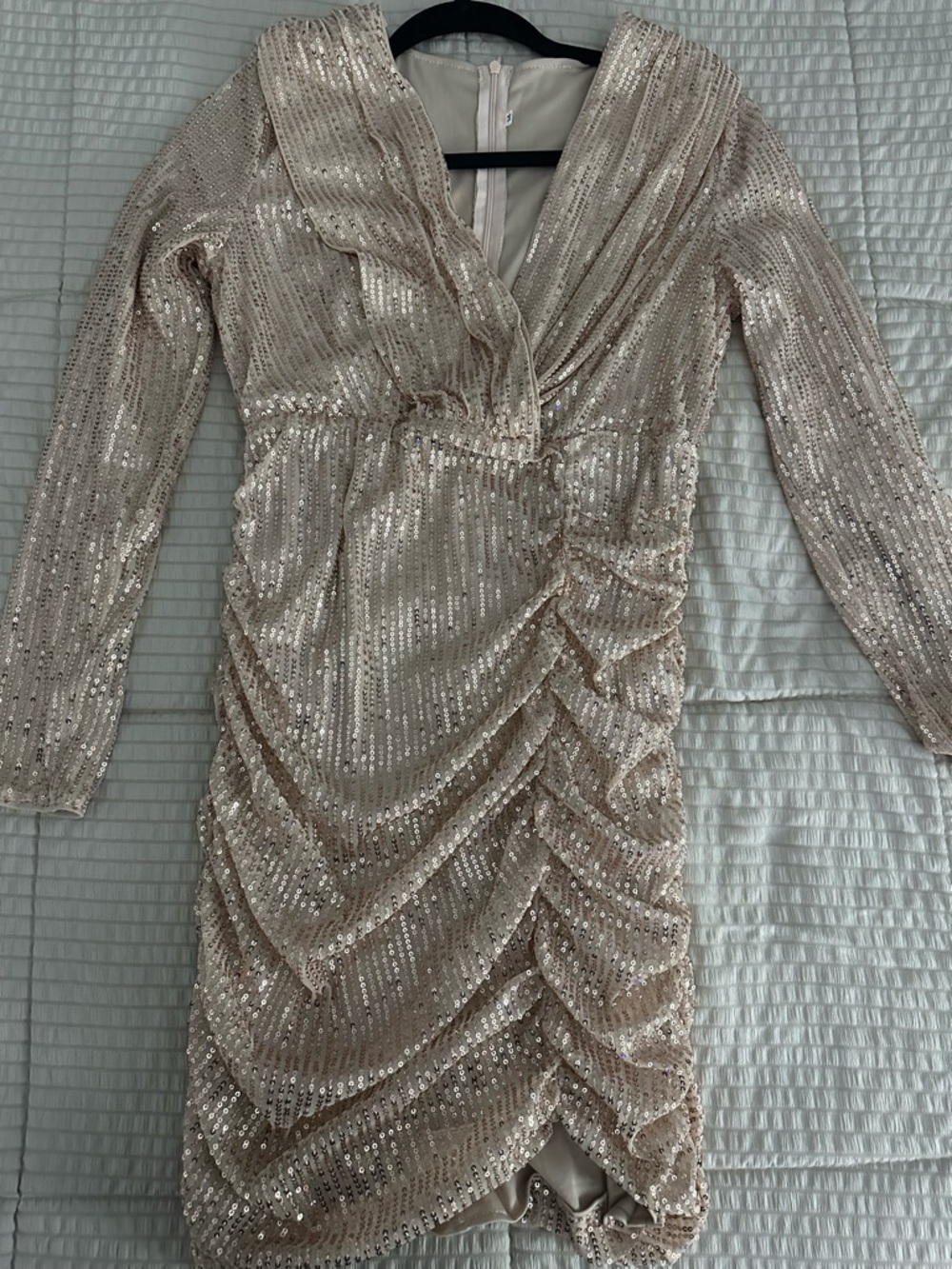 SHEIN Champagne Sequin Ruched Long-Sleeve Wrap Dress